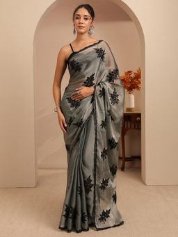 Libas - Grey Floral Thread Work Embroidered Sequins Saree With Unstitched Blouse