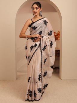 Libas - Cream Floral Thread Work Embroidered Sequins Saree With Unstitched Blouse
