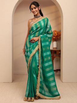 Libas - Green Striped Gotta Patti Embellished Border Saree With Unstitched Blouse