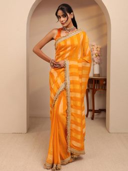 Libas - Yellow Striped Gotta Patti Embellished Border Saree With Unstitched Blouse