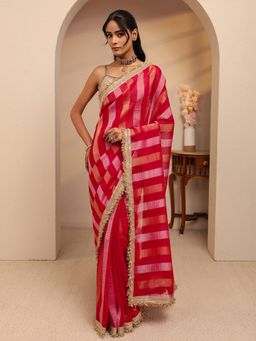 Libas - Pink Striped Gotta Patti Embellished Border Saree With Unstitched Blouse