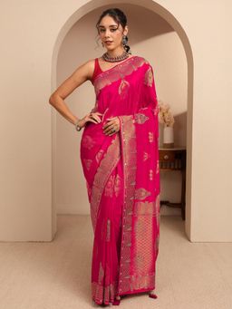 Libas Art - Pink Ethnic Motif Beads Embellished Border Saree With Unstitched Blouse