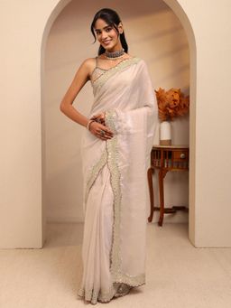Libas - Cream Zari Embroidered Border Saree With Unstitched Blouse