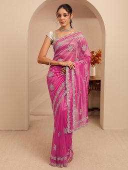 Libas - Pink Floral Zari Embroidered Border Saree With Unstitched Blouse