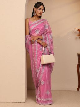 Libas - Pink Floral Zari Embroidered Border Saree With Unstitched Blouse