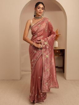 Libas - Brown Floral Zari Embroidered Border Saree With Unstitched Blouse