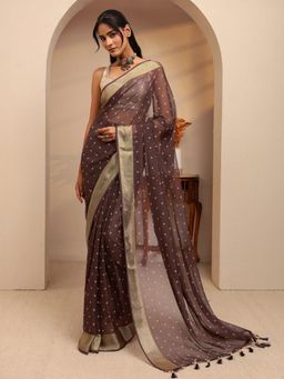 Libas - Brown Floral Motif All Over Printed Pre Draped A Unstitch Blouse Piece