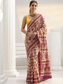 Libas - Beige Ethnic Motif Printed Border Saree With Unstitched Blouse