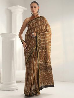 Libas - Brown Paisley Printed Border Saree With Unstitched Blouse
