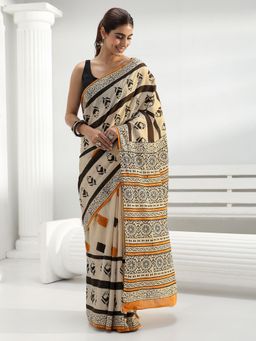 Libas - Beige Geometric Printed Border Saree With Unstitched Blouse