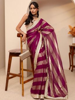 Libas - Burgundy Striped Zari Gotta Lace Border Saree With Unstitched Blouse