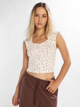 ONLY - Women White Floral Cotton Blend Crop Top