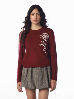 ONLY - Women Maroon Embroidered Polyester Blend Sweater