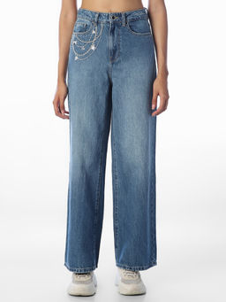 ONLY - Women Blue Embroidered Cotton Jeans