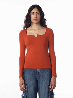 ONLY - Women Orange Solid/Plain Cotton Blend Top