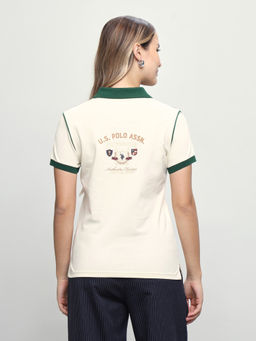 U.S. POLO ASSN. - Women Beige Printed Cotton Polo T-Shirt