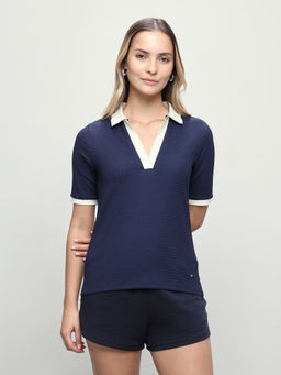 U.S. POLO ASSN. - Women Blue Textured Polyester Polo T-Shirt