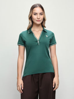 U.S. POLO ASSN. - Women Green Solid/Plain Cotton Polo T-Shirt