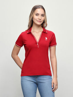 U.S. POLO ASSN. - Women Red Solid/Plain Cotton Polo T-Shirt