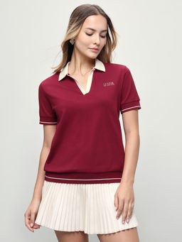 U.S. POLO ASSN. - Women Red Solid/Plain Cotton Polo T-Shirt