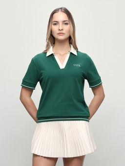 U.S. POLO ASSN. - Women Green Solid/Plain Cotton Polo T-Shirt
