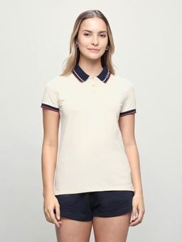 U.S. POLO ASSN. - Women Beige Solid/Plain Cotton Polo T-Shirt
