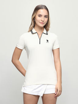 U.S. POLO ASSN. - Women White Solid/Plain Cotton Polo T-Shirt