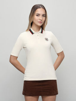 U.S. POLO ASSN. - Women Beige Solid/Plain Cotton Polo T-Shirt