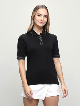 U.S. POLO ASSN. - Women Black Solid/Plain Cotton Polo T-Shirt
