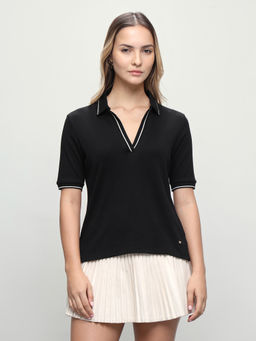 U.S. POLO ASSN. - Women Black Solid/Plain Cotton Polo T-Shirt
