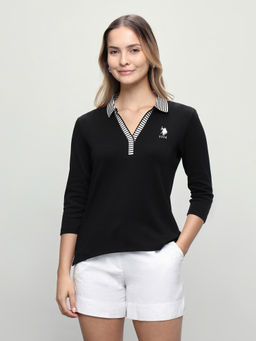 U.S. POLO ASSN. - Women Black Solid/Plain Cotton Polo T-Shirt