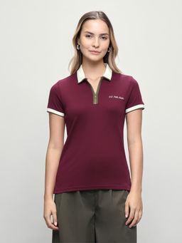 U.S. POLO ASSN. - Women Red Solid/Plain Cotton Polo T-Shirt