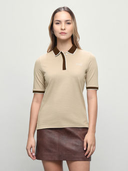 U.S. POLO ASSN. - Women Beige Solid/Plain Cotton Polo T-Shirt