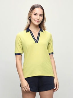 U.S. POLO ASSN. - Women Green Textured Polyester Polo T-Shirt