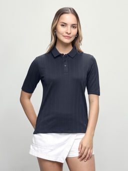 U.S. POLO ASSN. - Women Blue Textured Polyester Polo T-Shirt