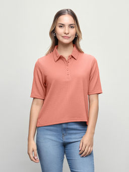 U.S. POLO ASSN. - Women Orange Textured Polyester Polo T-Shirt
