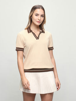 U.S. POLO ASSN. - Women Beige Textured Polyester Polo T-Shirt