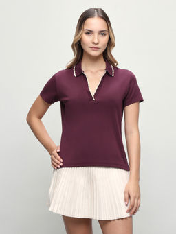 U.S. POLO ASSN. - Women Purple Solid/Plain Cotton Polo T-Shirt