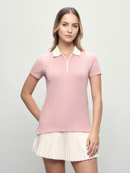 U.S. POLO ASSN. - Women Pink Textured Polyester Polo T-Shirt