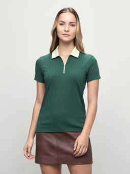 U.S. POLO ASSN. - Women Green Textured Cotton Polo T-Shirt