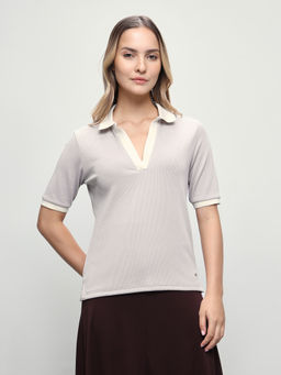 U.S. POLO ASSN. - Women Grey Textured Polyester Polo T-Shirt