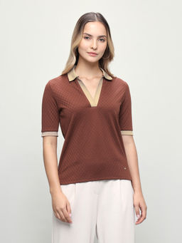 U.S. POLO ASSN. - Women Brown Textured Polyester Polo T-Shirt