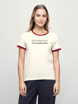 U.S. POLO ASSN. - Women Beige Embroidered Cotton T-Shirt