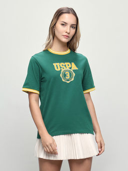 U.S. POLO ASSN. - Women Green Printed Cotton T-Shirt