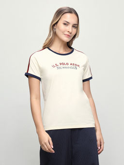 U.S. POLO ASSN. - Women Beige Typography Cotton T-Shirt