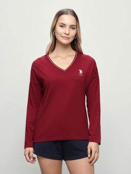 U.S. POLO ASSN. - Women Red Solid/Plain Cotton T-Shirt