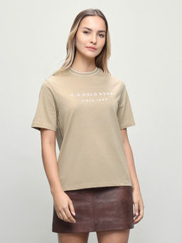U.S. POLO ASSN. - Women Beige Printed Cotton T-Shirt