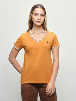 U.S. POLO ASSN. - Women Orange Solid/Plain Cotton T-Shirt