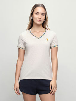 U.S. POLO ASSN. - Women Beige Solid/Plain Cotton T-Shirt