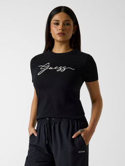 Guess - Women Black Typography Pure Cotton T-Shirt